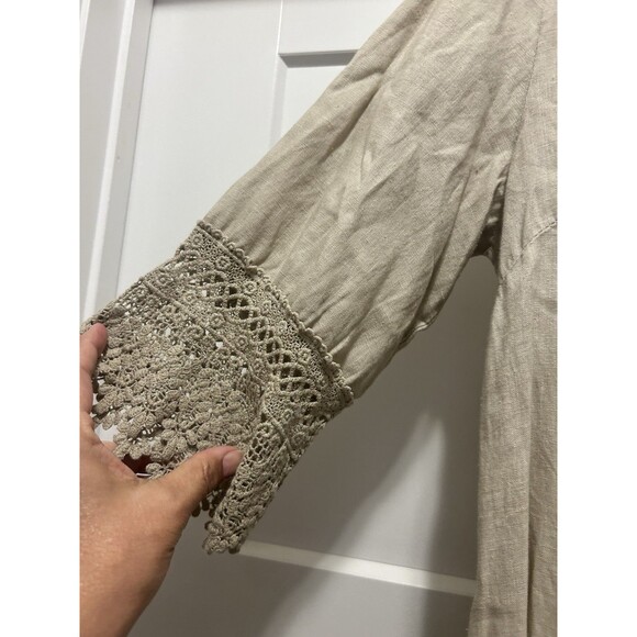 Rosemarine Beige Tan Linen Shift Tunic Dress Sand Italy Lace Size Large Crochet - Picture 4 of 7